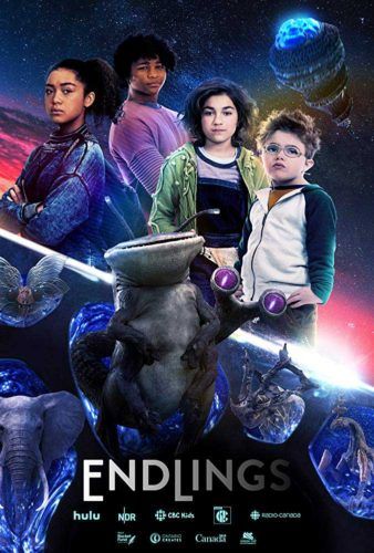 A film poster with four young children standing in space with an alien.